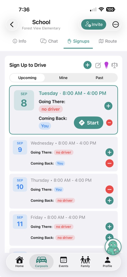 The Carpoolio sign-up sheet — who is driving, going there and coming back